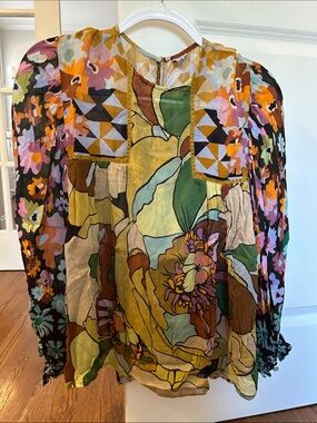 Anthropologie Floral Patchwork Blouse in Mustard, Green, Pink, Black
